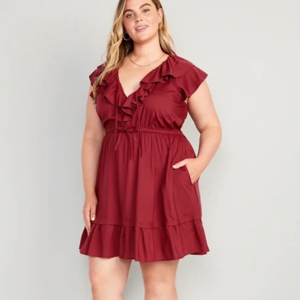 Old Navy Ruffled wine colored v neck tied Mini Dress with pockets size XL